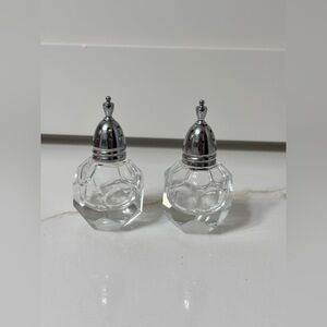 Vintage Cut Glass Salt & Pepper Shakers Faceted Crystal w Chrome Tops